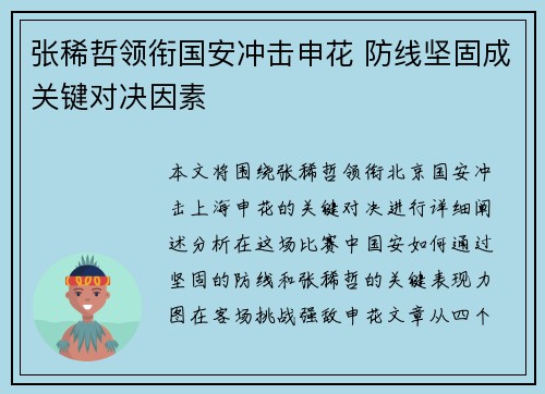 张稀哲领衔国安冲击申花 防线坚固成关键对决因素